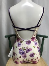 Photo2: Womens Leotard, 'SUMILE'  Purple,   "X" on the back,  Flower pattern, Cool & Dry, UPF50+ (2)
