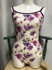 Photo1: Womens Leotard, 'SUMILE'  Purple,   "X" on the back,  Flower pattern, Cool & Dry, UPF50+ (1)