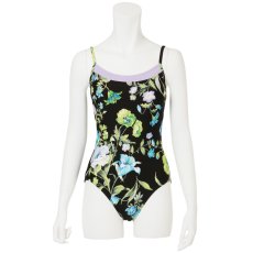 Photo5: Womens Leotard, 'SUMICA'  Black-navy/pink,   Two(2) ribbons on the back,  Flower pattern, Cool & Dry, UPF50+ (5)
