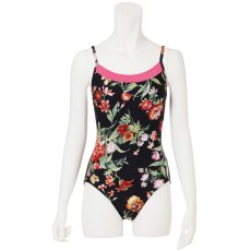 Photo2: Womens Leotard, 'SUMICA'  Black-navy/pink,   Two(2) ribbons on the back,  Flower pattern, Cool & Dry, UPF50+ (2)