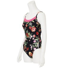 Photo3: Womens Leotard, 'SUMICA'  Black-navy/pink,   Two(2) ribbons on the back,  Flower pattern, Cool & Dry, UPF50+ (3)