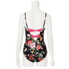 Photo1: Womens Leotard, 'SUMICA'  Black-navy/pink,   Two(2) ribbons on the back,  Flower pattern, Cool & Dry, UPF50+ (1)