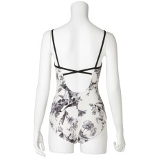 Photo1: Womens Leotard, 'SUMILE'  White,   "X" cross on the back,  Japanese flower, Cool & Dry, UPF50+ (1)